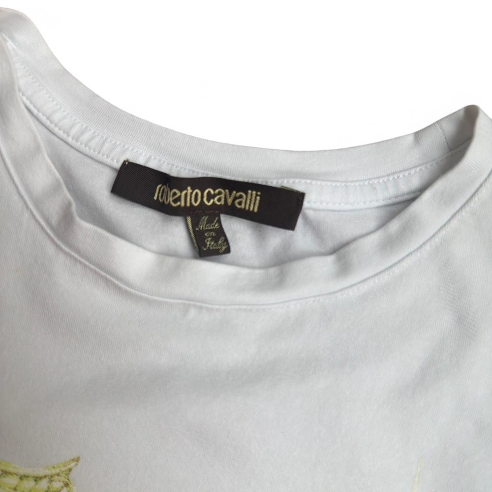 Roberto Cavalli White T-Shirt with Green & Gold Graphic - Picture 4 of 6
